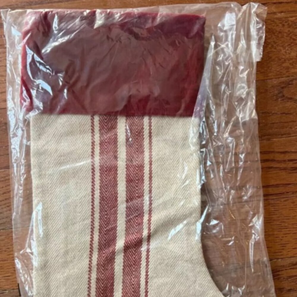 NEW Pottery Barn Grain Sack Stripe Christmas Stocking Flax with Red Cuff Medium
